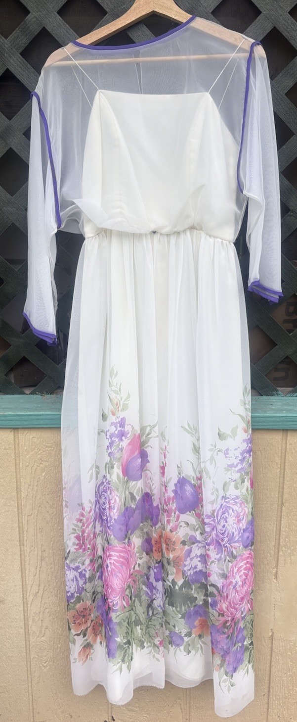 Vintage 70s Miss Elliette CA White/ Floral Maxi Dress Sz 10 Layered Sheer