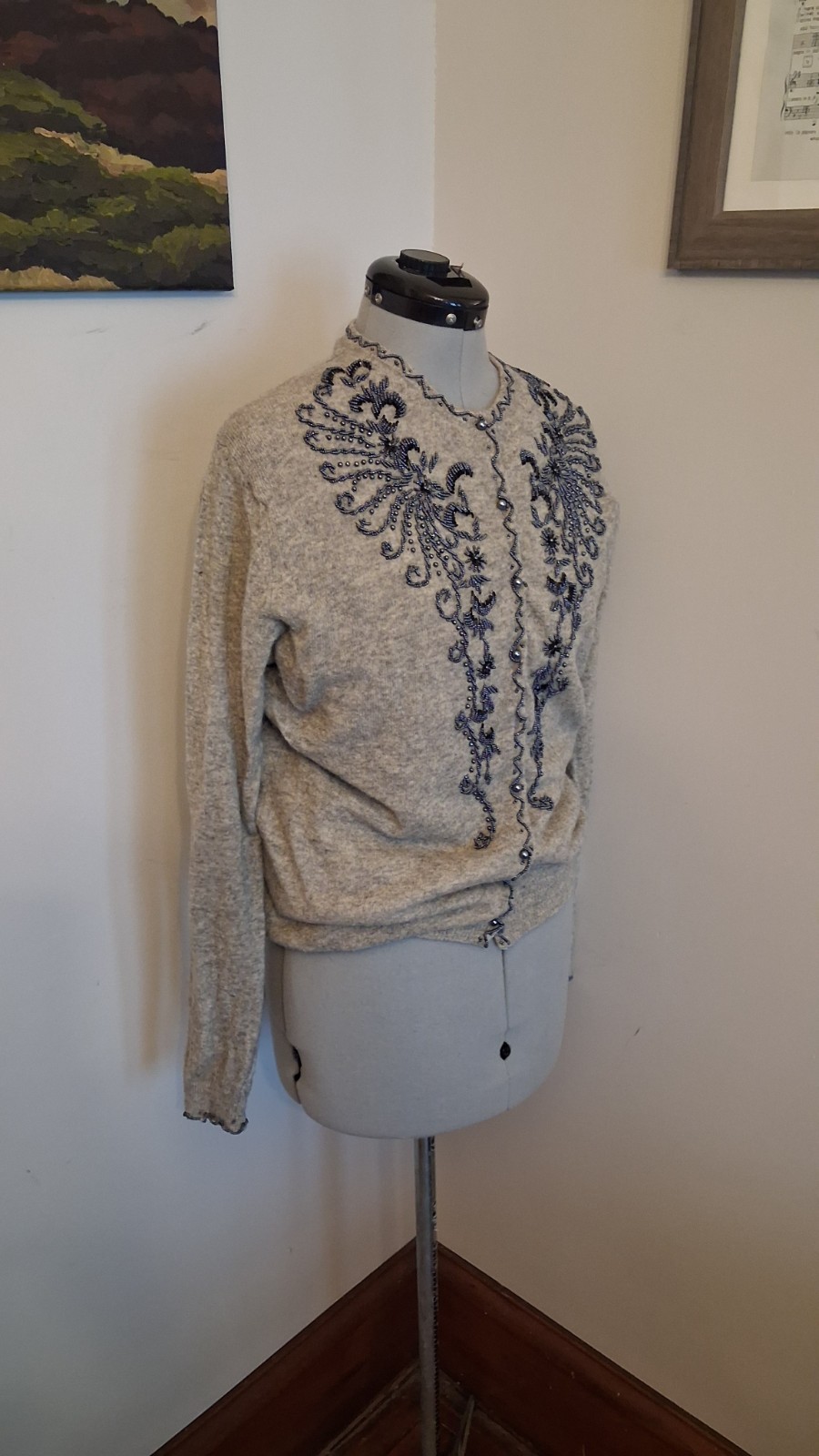 Vintage 1950s Beaded Cardigan, Grey And Black Sz 42 M/L Elegant Embellishedn