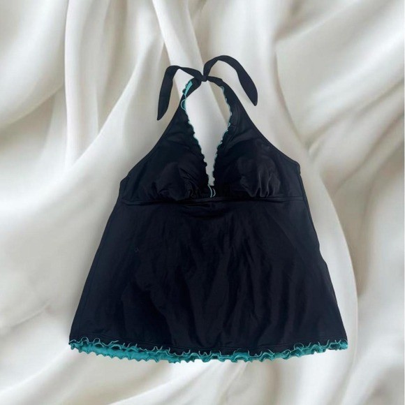Jamaica Bay teal black ruffle halter babydoll top y2k vintage fairy boho