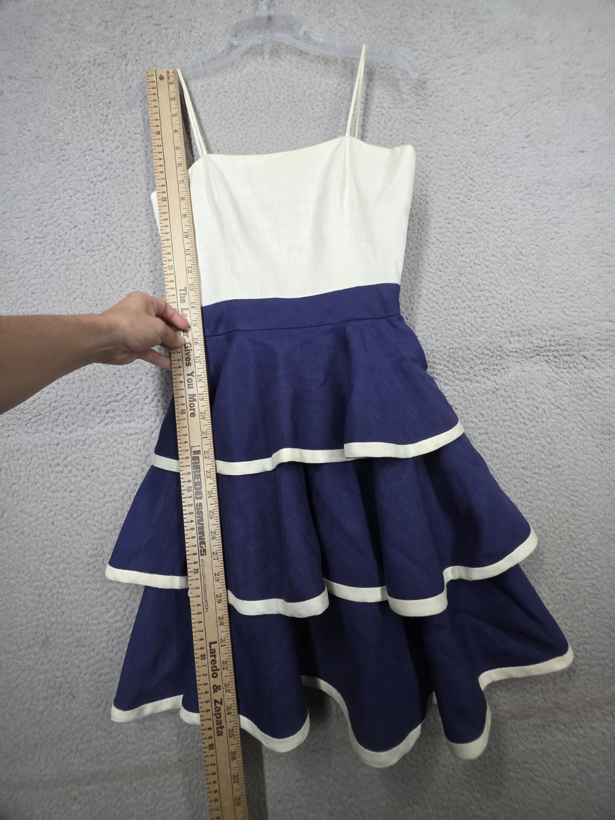 Vintage Fit & Flare Dress Size XXS Linen 80s Does 50s Tiered Ruffled Skirt Navy