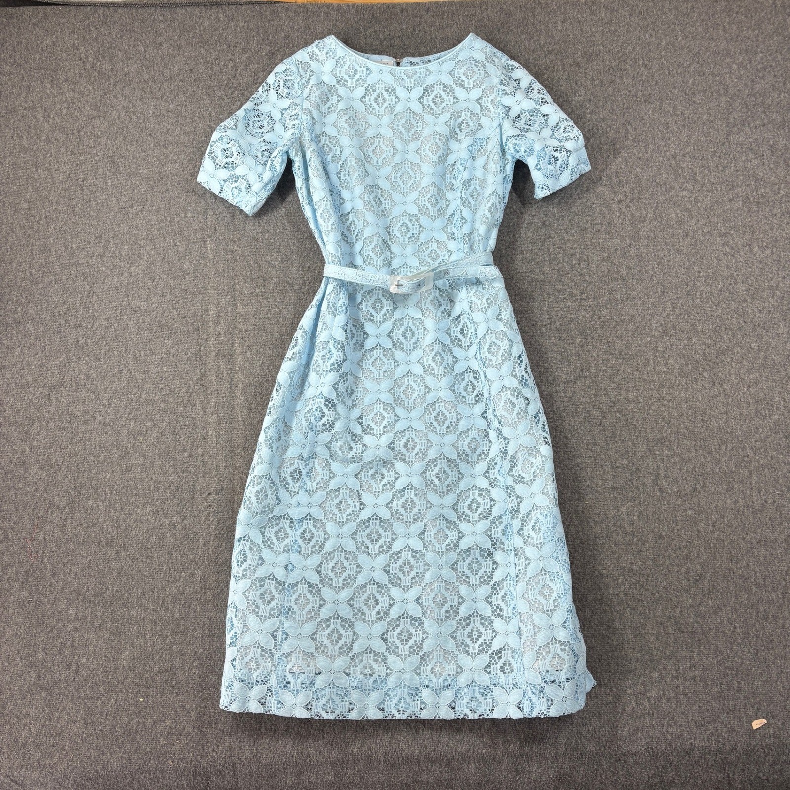Nelly Don Vintage Blue Floral Lace Midi Wiggle Dress Belted Pastel XS