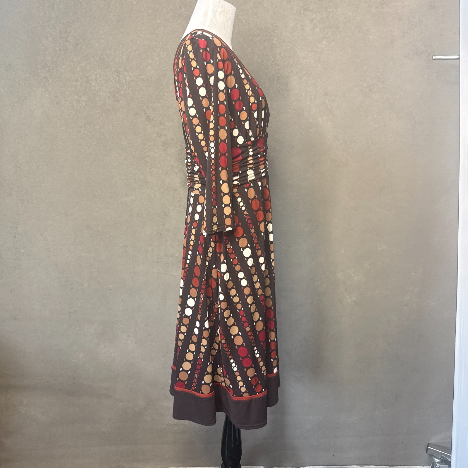 Studio I Petite Brown Dot Print Faux Wrap Dress Long Sleeve Size 12P