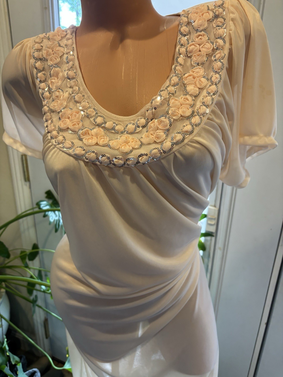 Vtg Satin Soft CreamSickle Shiny Silver Sequins Gown Sheer Long Dress Nightgown
