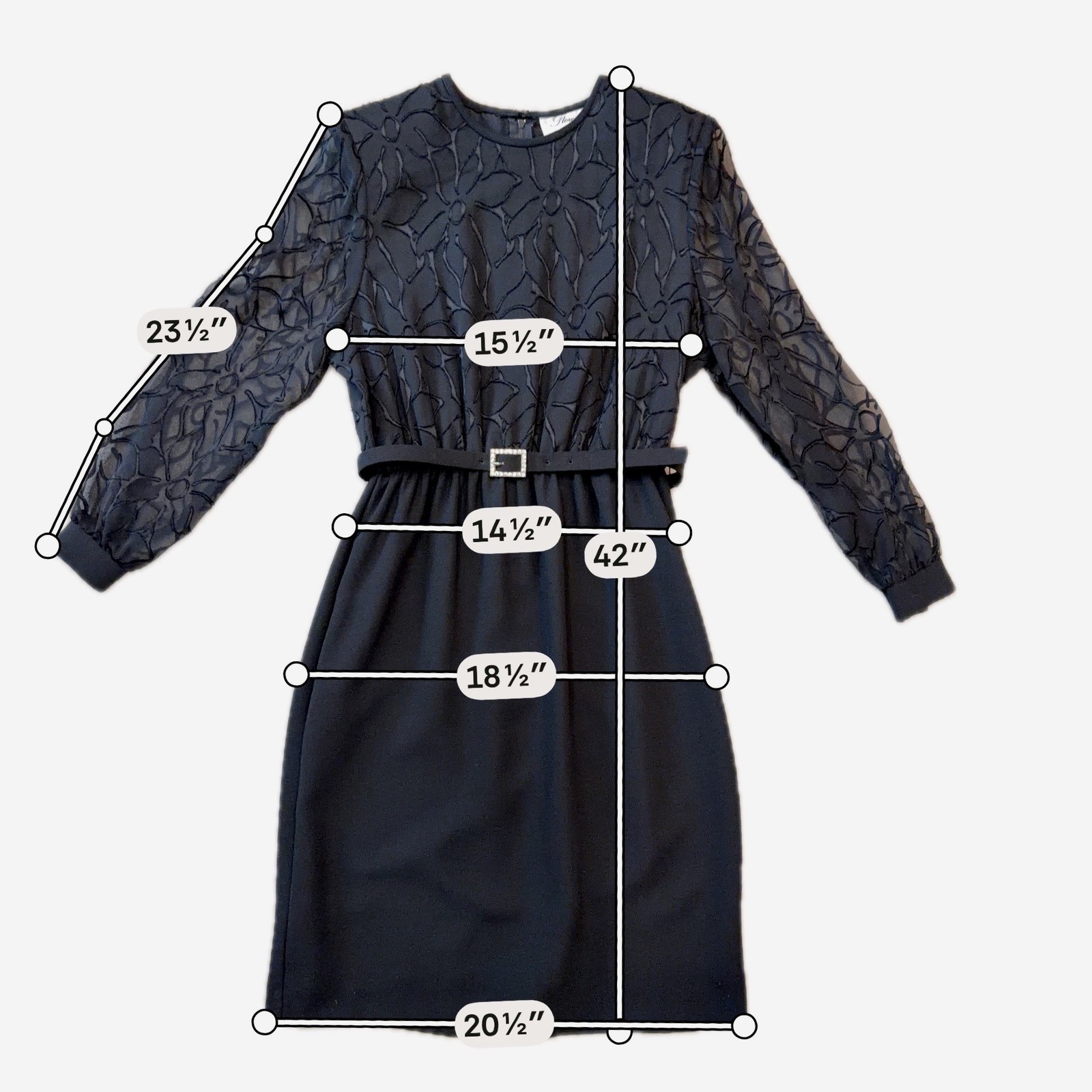Florentine Petites Soiree Vintage 80’s Black Floral Flocked Belted Dress Sz 12P