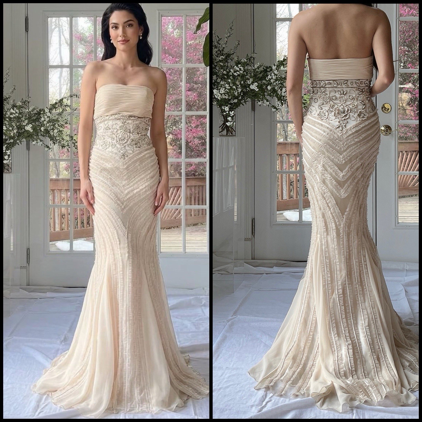 Vintage SUE WONG Nocturne Strapless Beaded Ruched Mermaid Gown Dress Cream 4
