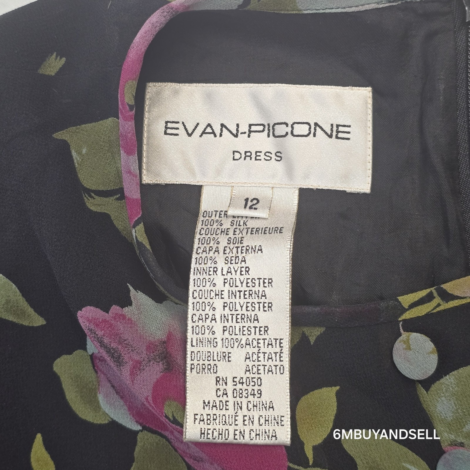Evan-Picone Vintage 90s Silk Floral Midi Dress 12 Black Pink Purple 3/4 Sleeve