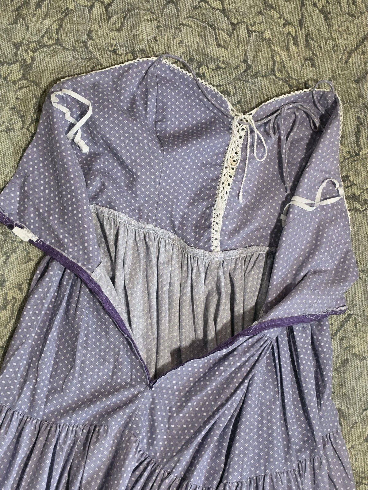 1970s Vintage Prairie Halter Dress Lace Up Chest Midi Blue Lilac Crotchet Trim M