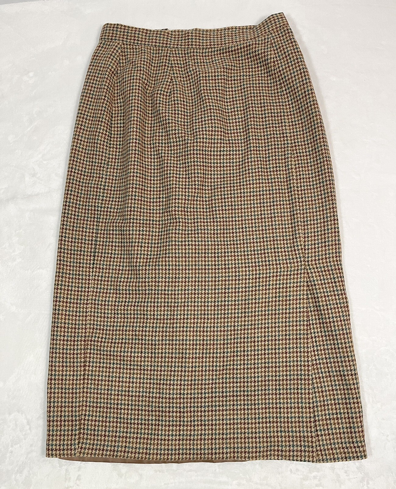Fundamental Things Vintage Wool Blend Houndstooth Pencil Skirt Tan Rust Teal
