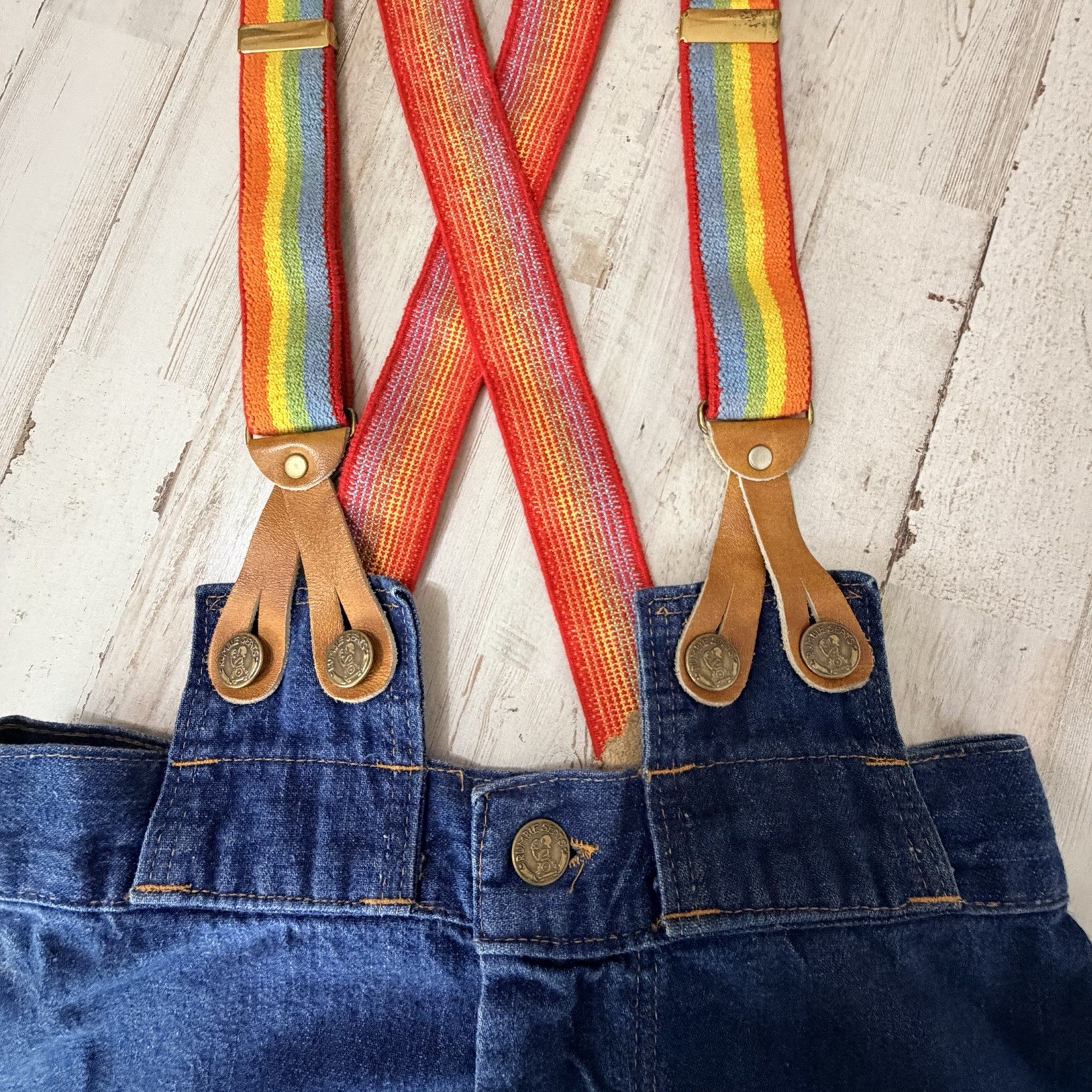 Rumble Seats Rainbow Overalls VINTAGE Size 2 27×34 Tall Denim Retro Festival