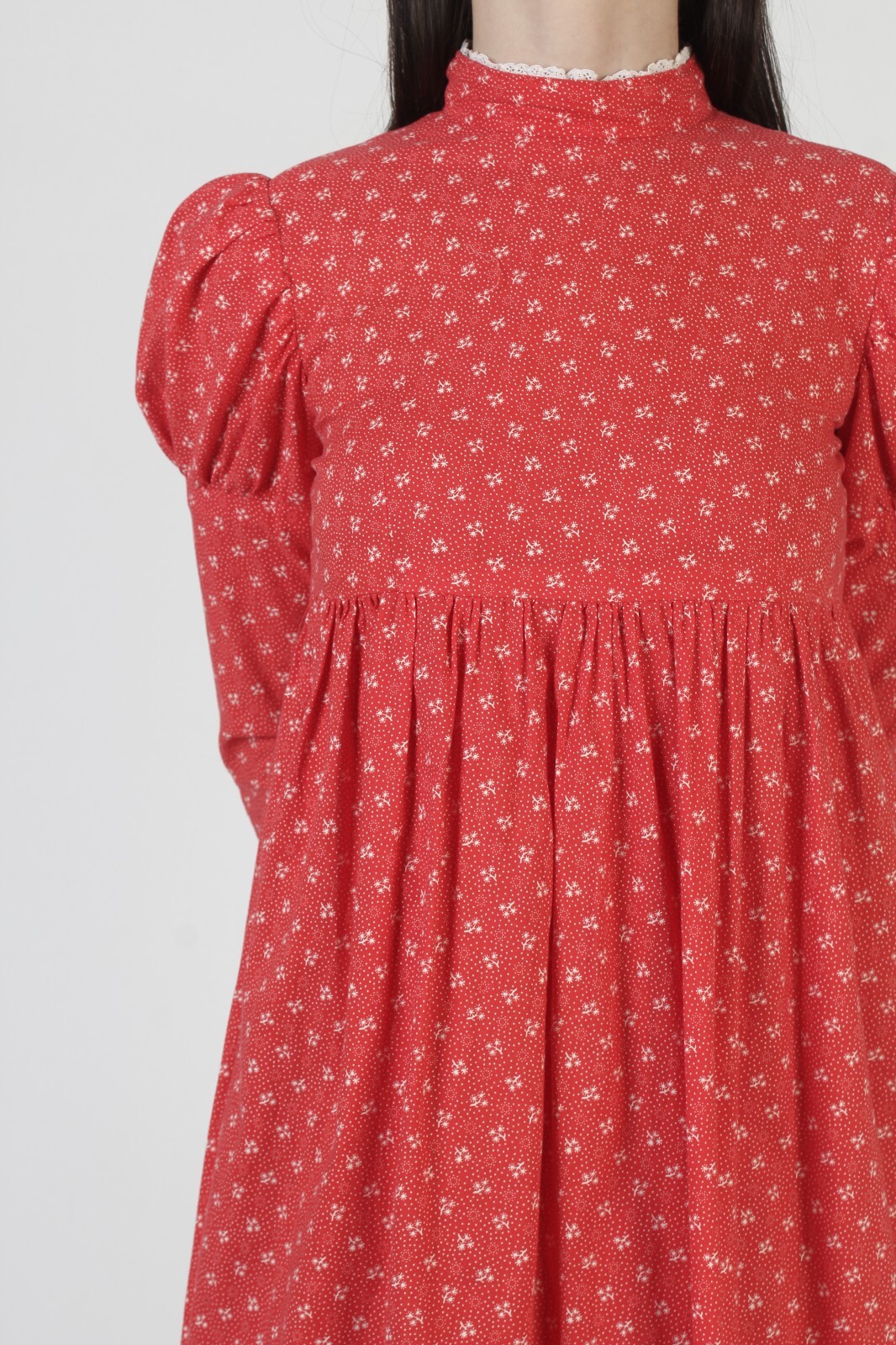 Vintage Red Floral Prairie Dress High Neck Old Fashion Hippie Boho Wedding Maxi
