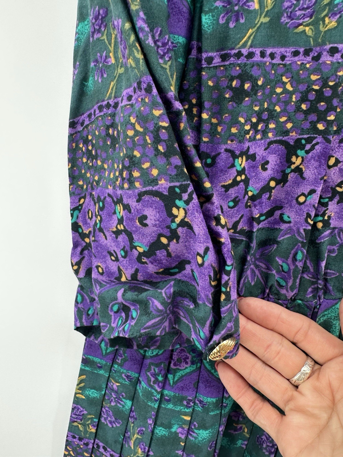 VTG 80’s Serbin of Florida Teal Purple Floral Hostess Artwear Boho Dress HH42