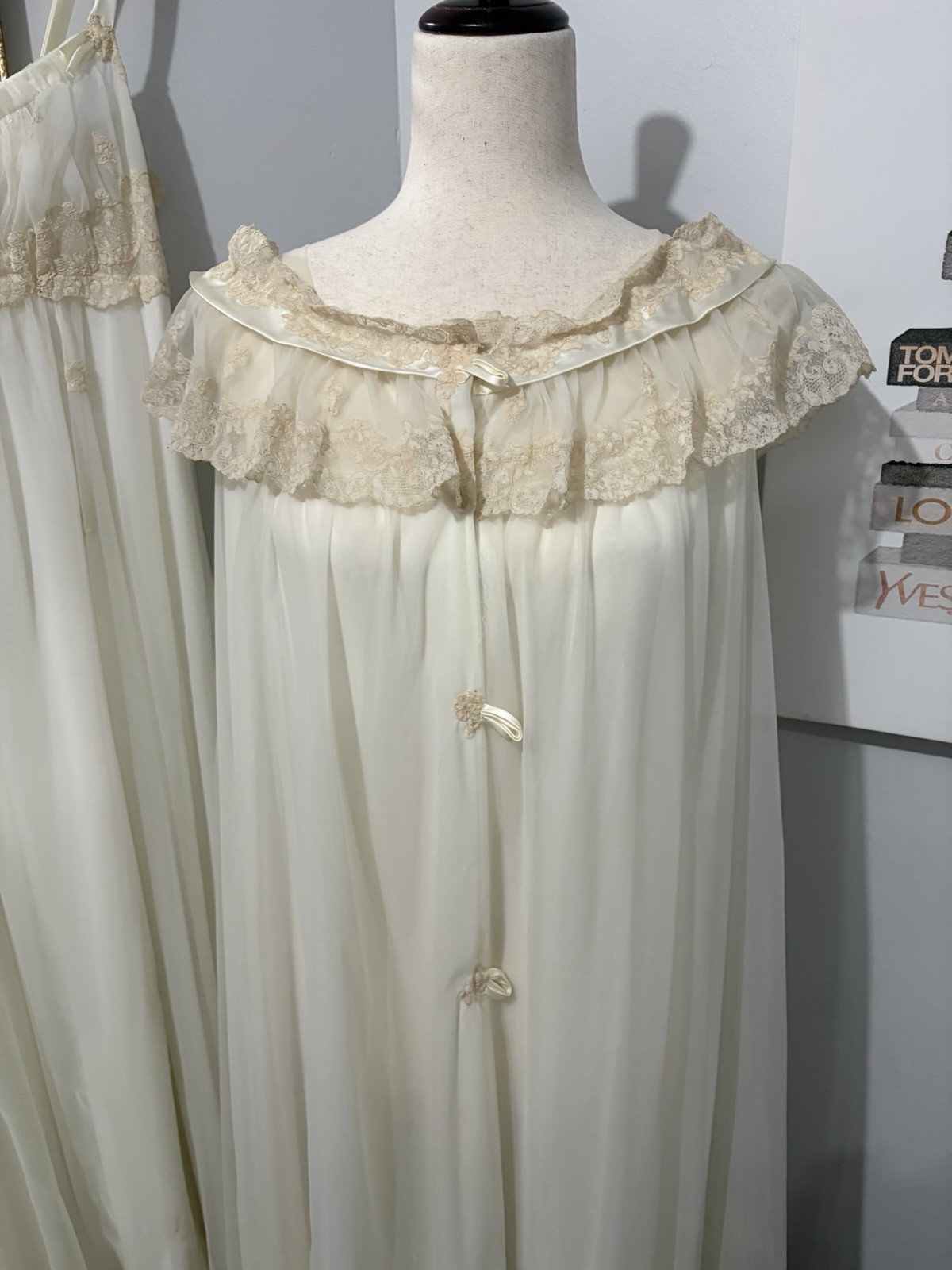Vintage 1960s Alice Maloof Peignoir Set – Nightgown & Robe in Ivory Cream Lace