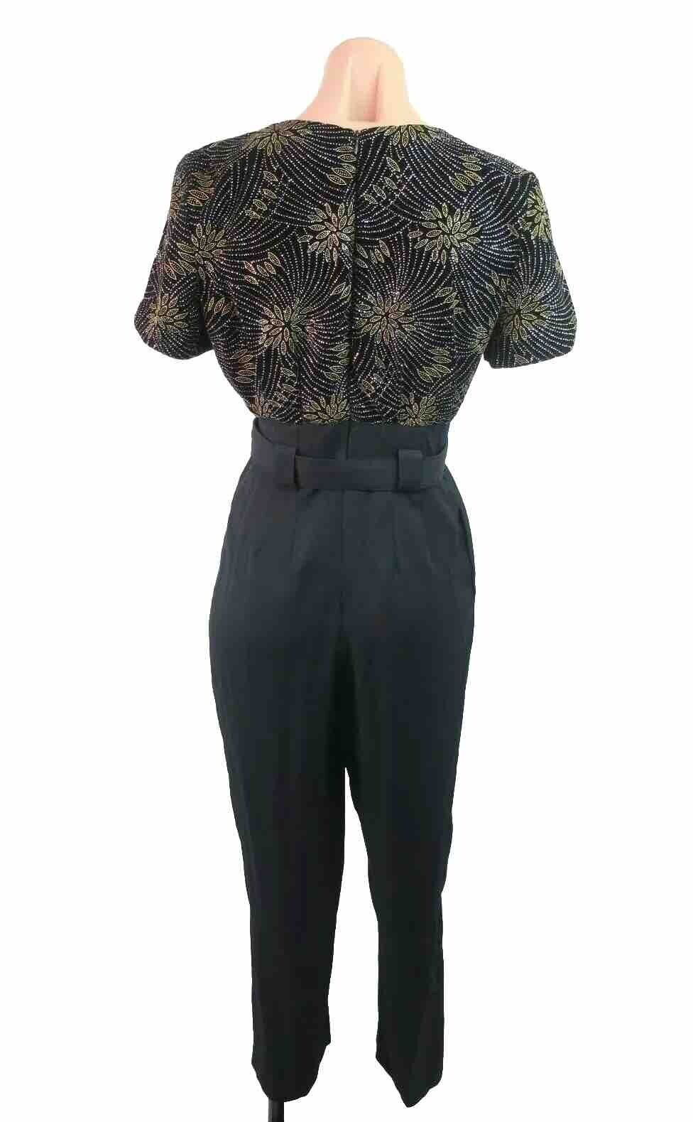 VTG 80s Sexy Glitter Tapered Boho Festival Jumpsuit Metallic Floral Belted sz 6