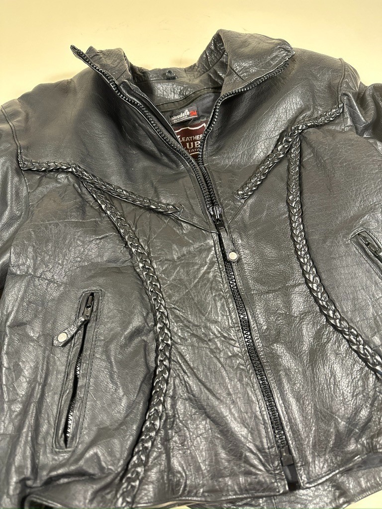 Vintage Leather Club Black Leather Moto Jacket Braided Western Bikers Womens XL