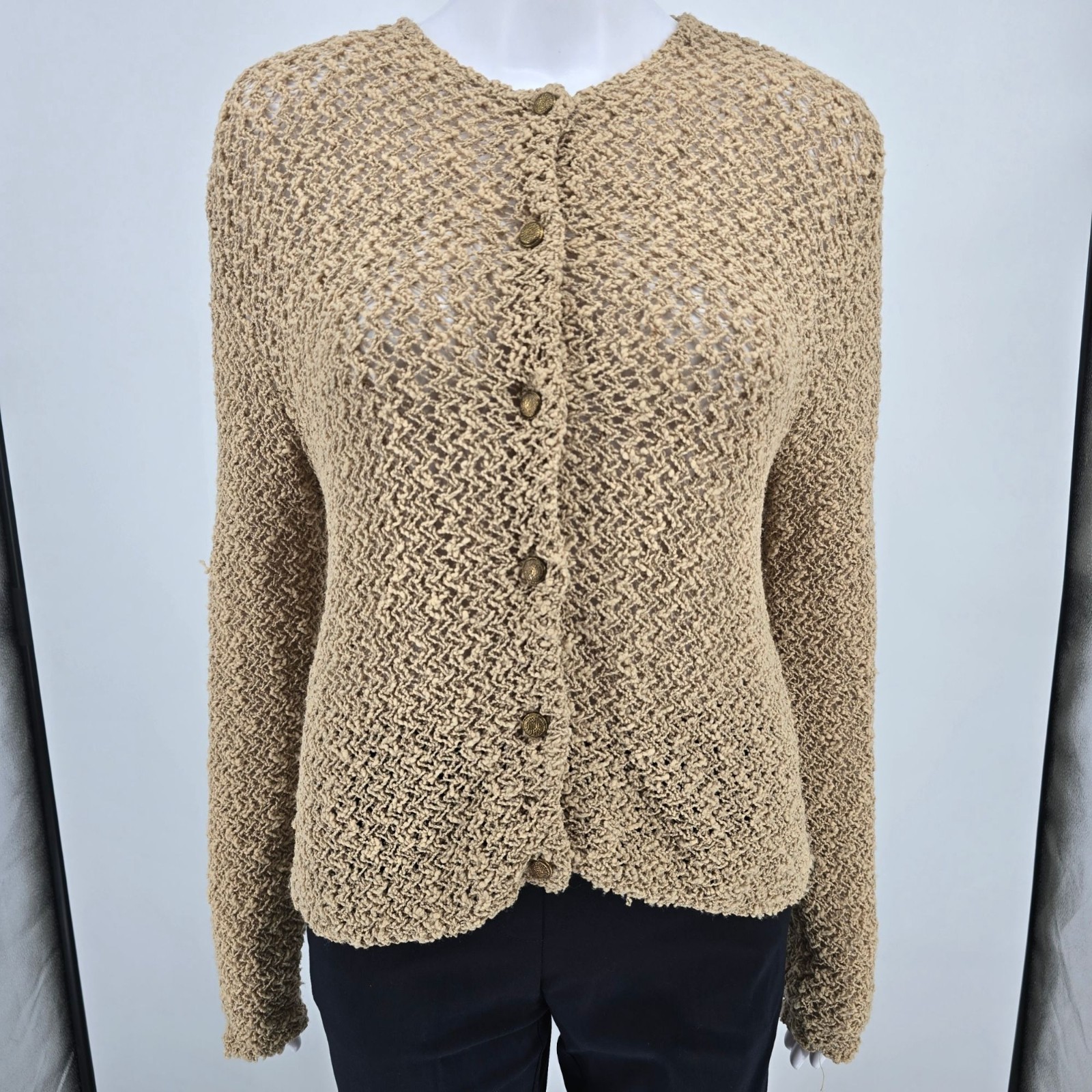 Vintage 1960s Majestic Women’s Boho Open Knit Button-Front Cardigan Sweater (M)