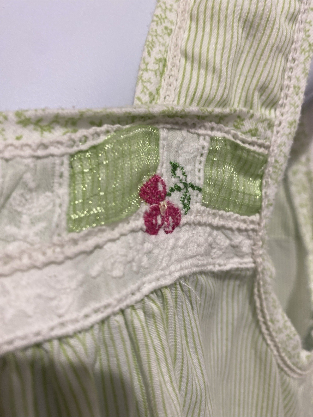 VTG Aria Nightgown Stripped Pale green lace and cherry Embroidery Trim Small