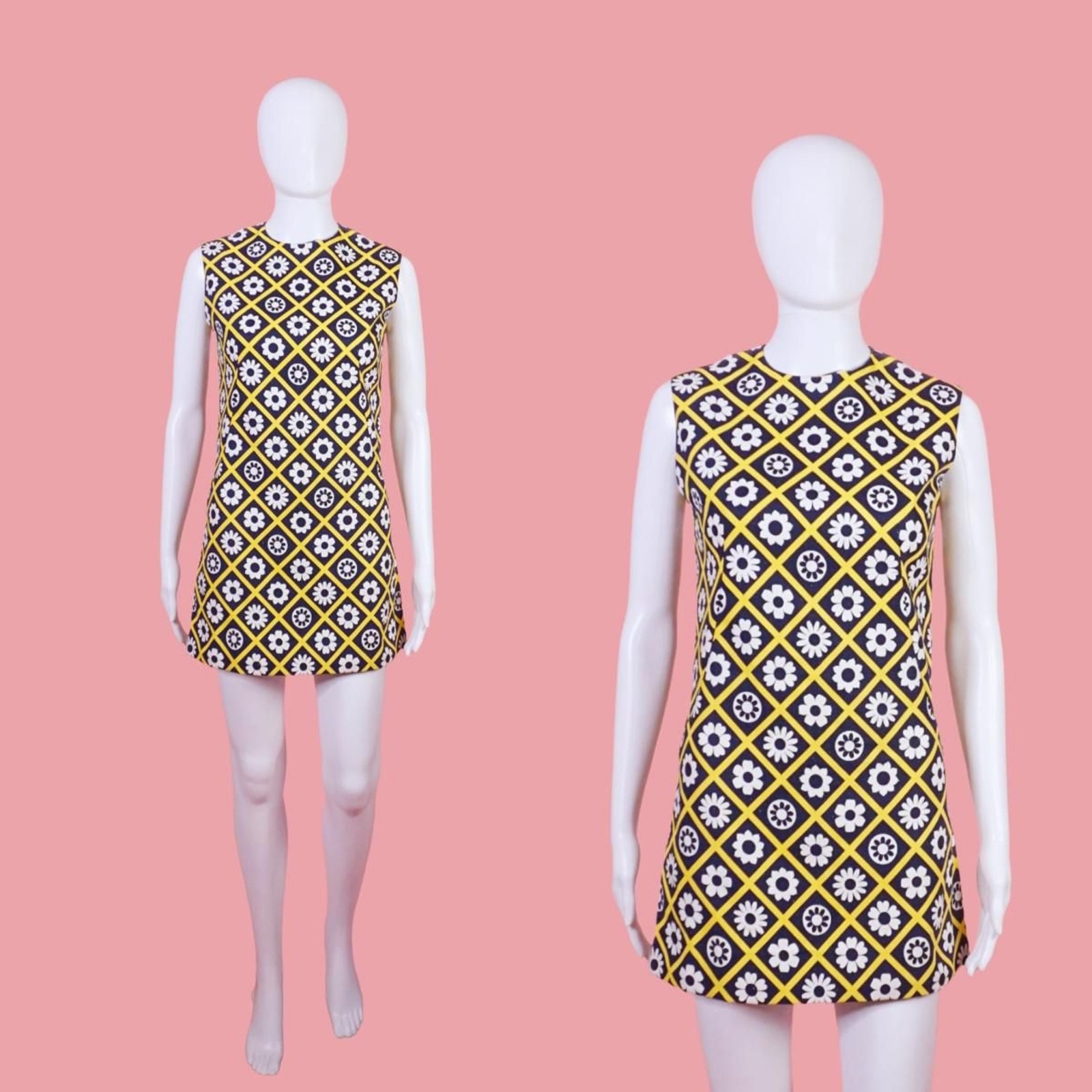 1960s-1970s Lattice Floral Print MOD SHIFT Tunic Micro Mini Dress. XS-S