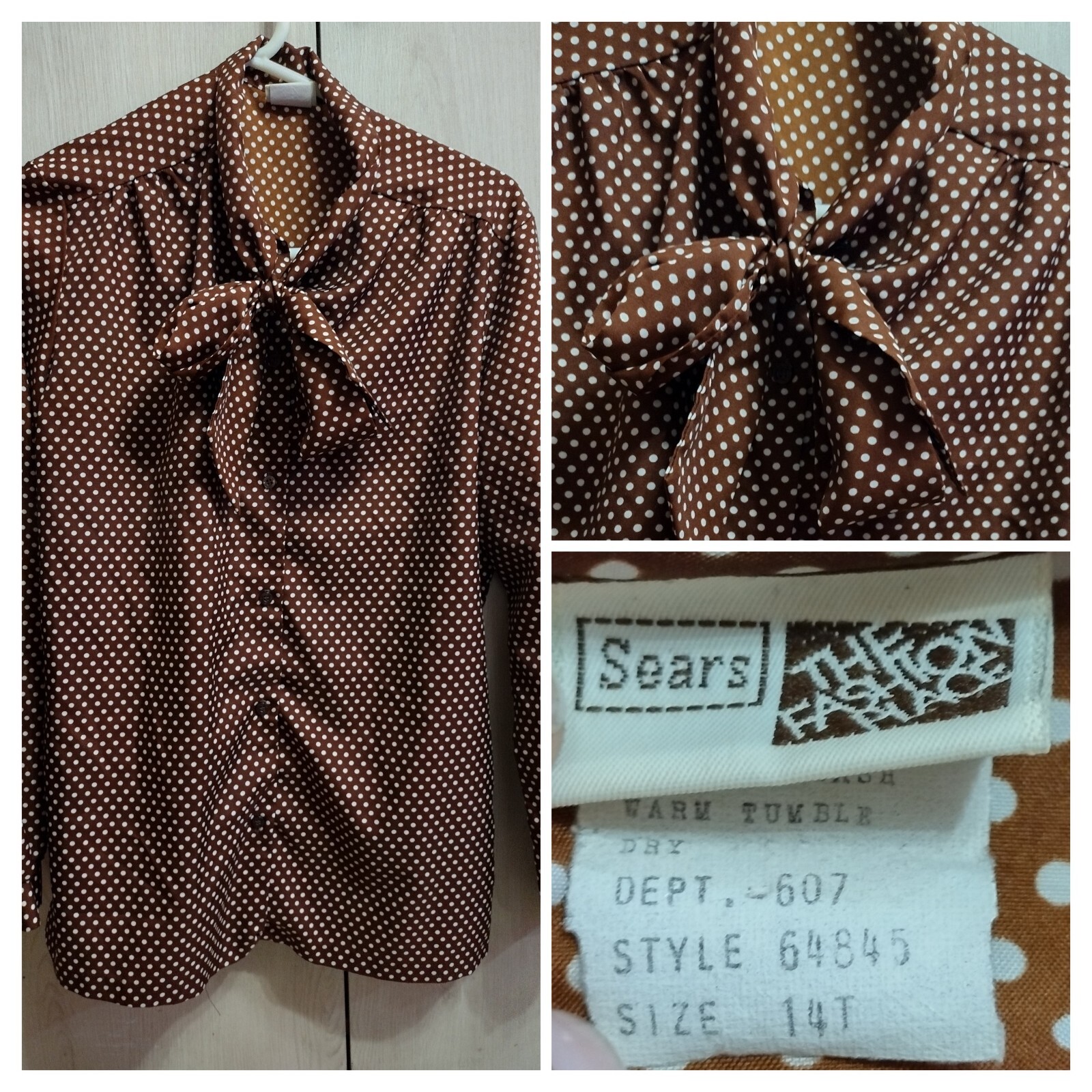 Vintage Womens 14T Sears Fashion Place Brown Polka Dot Tie Blouse Shirt Top VTG