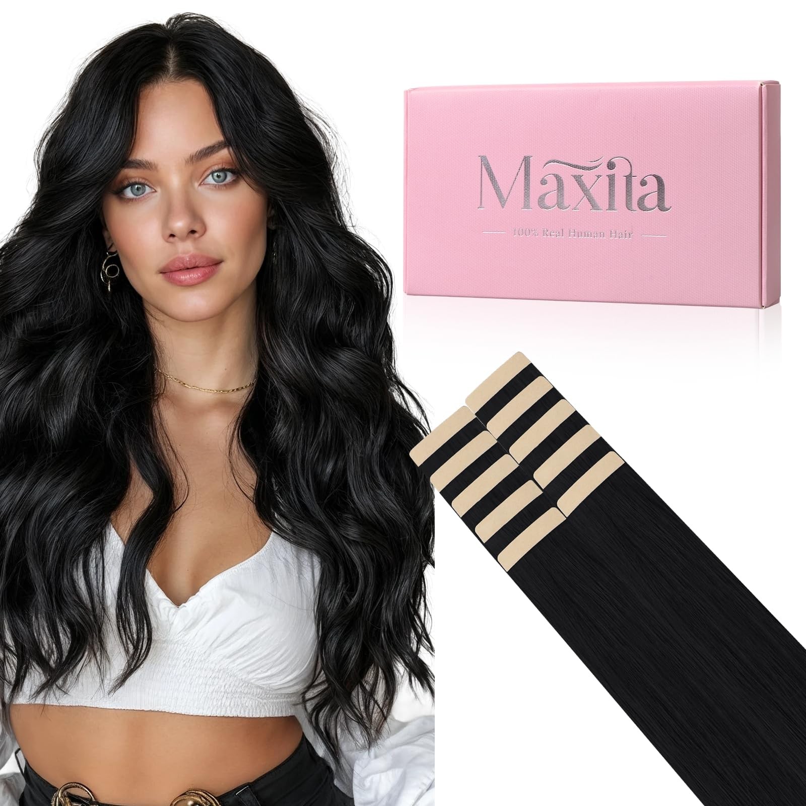 MAXITA 22″ Jet Black Remy Human Tape-in Hair Extensions 30g 10pcs