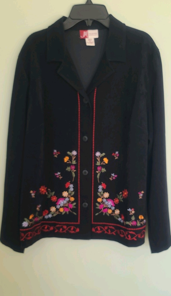 Vintage black Faux Suede Top Jacket Embroidered Red Pink Yellow Flowers. size 12
