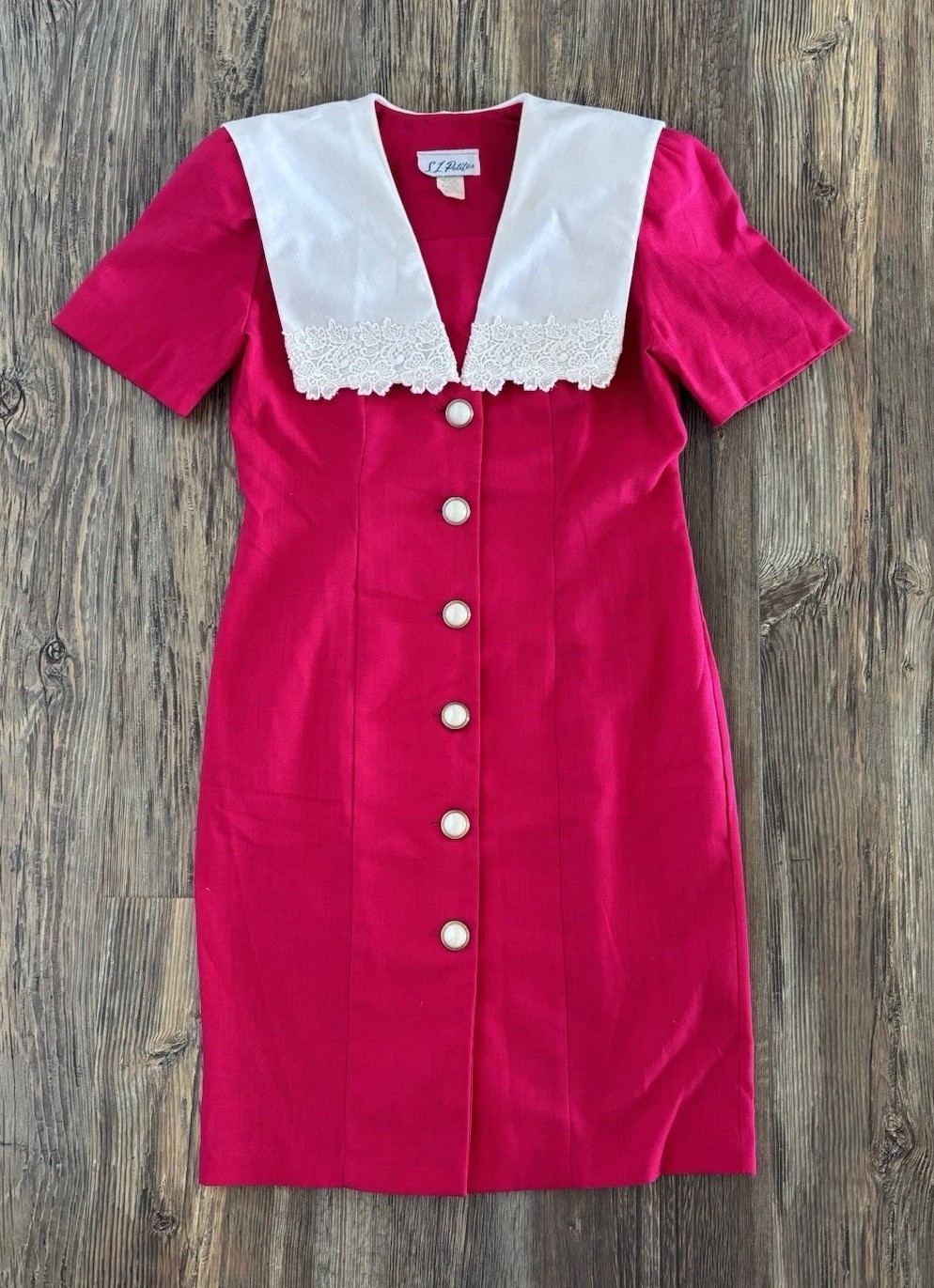 Vtg S.L. Petites V-Neck Blazer Dress Sz 8 Pink White Lace Pearl/Gold Buttons USA
