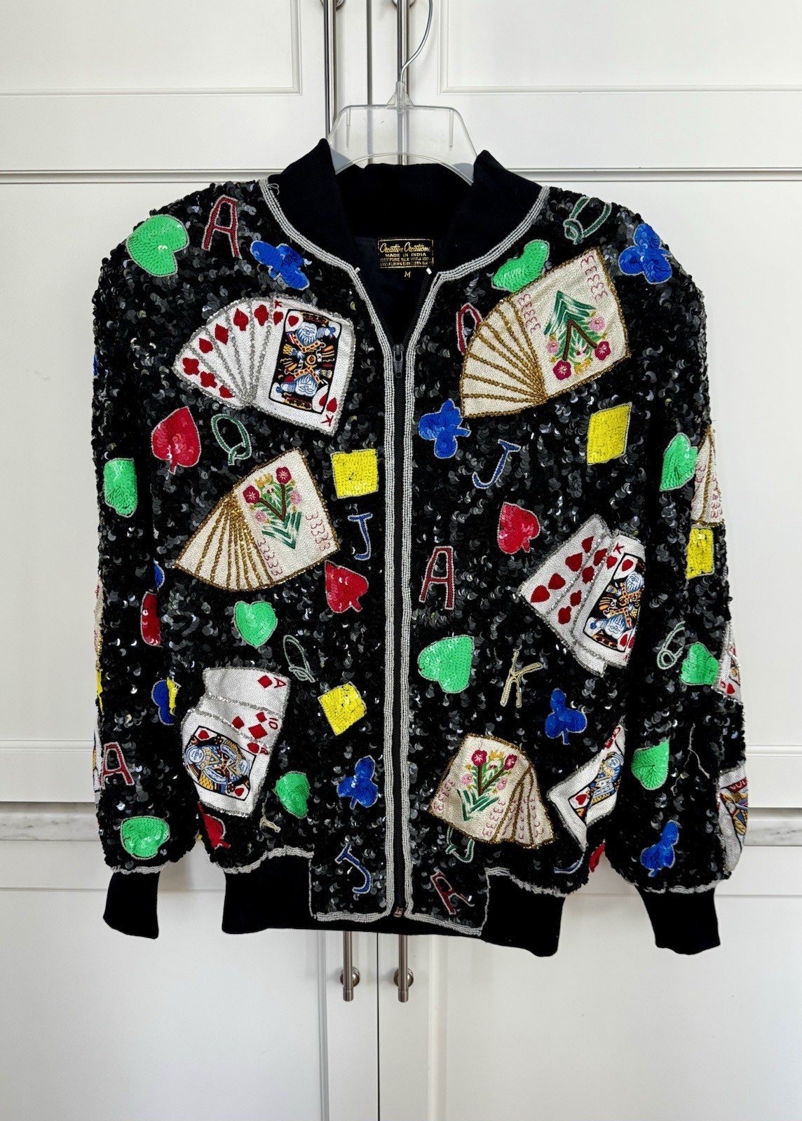 Vintage Creative Creations Winning Hand Sequin Silk Bomber Jacket M Casino Cards