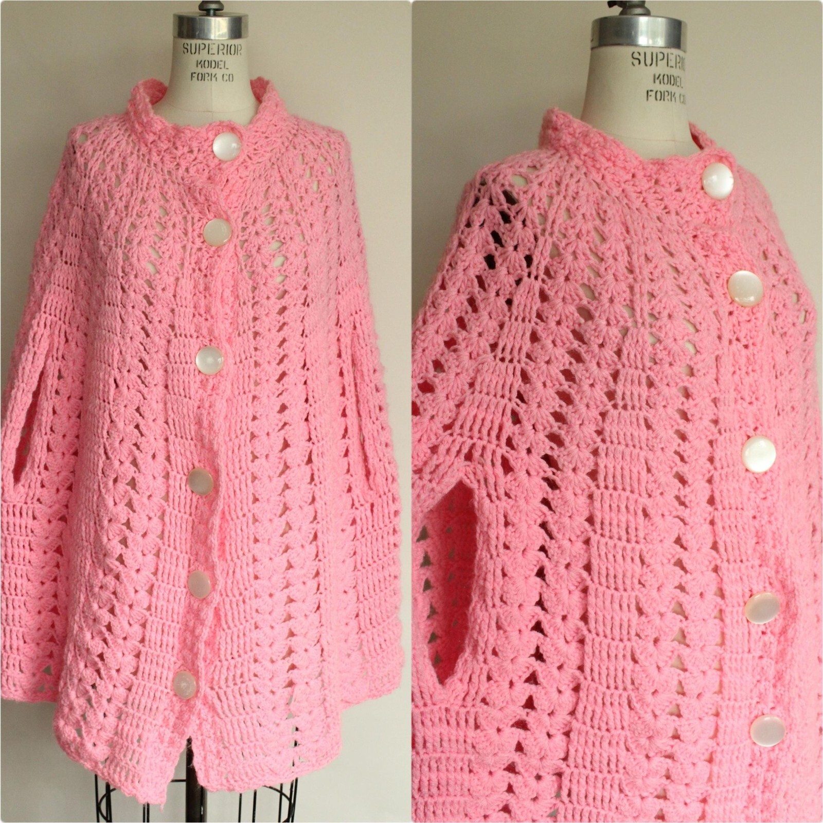 Vintage 1960s 1970s Poncho Shawl, Pink Knit or Crochet with Buttons Cape Wrap