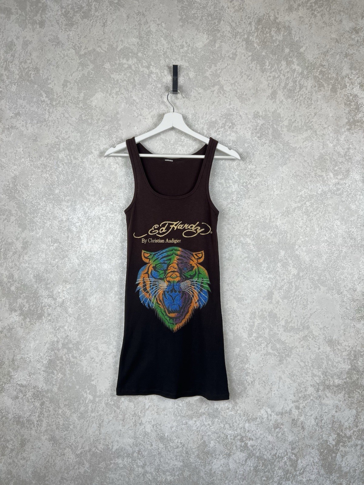 Vintage Ed Hardy Christian Audigier Tiger Rhinestone Ombre Tank Dress Brown Y2K