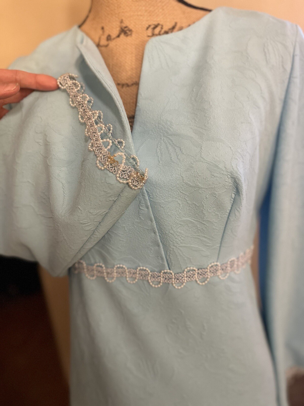 Vintage Handmade Baby Blue Silver Pearl Floral Kaftan Bell Kimono 1960’s Gown