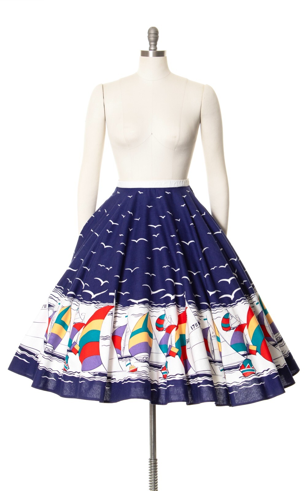 Vintage 1970s does 1950s Sailboat Birds Novelty Border Print Cotton Circle Skirt