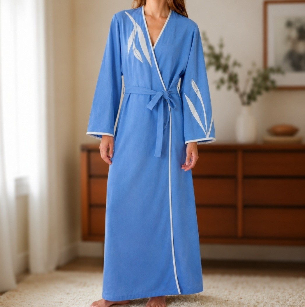 Retro Kimono Style Wraparound Robe Velourish Long Tie Appliqued Leisure Womens S