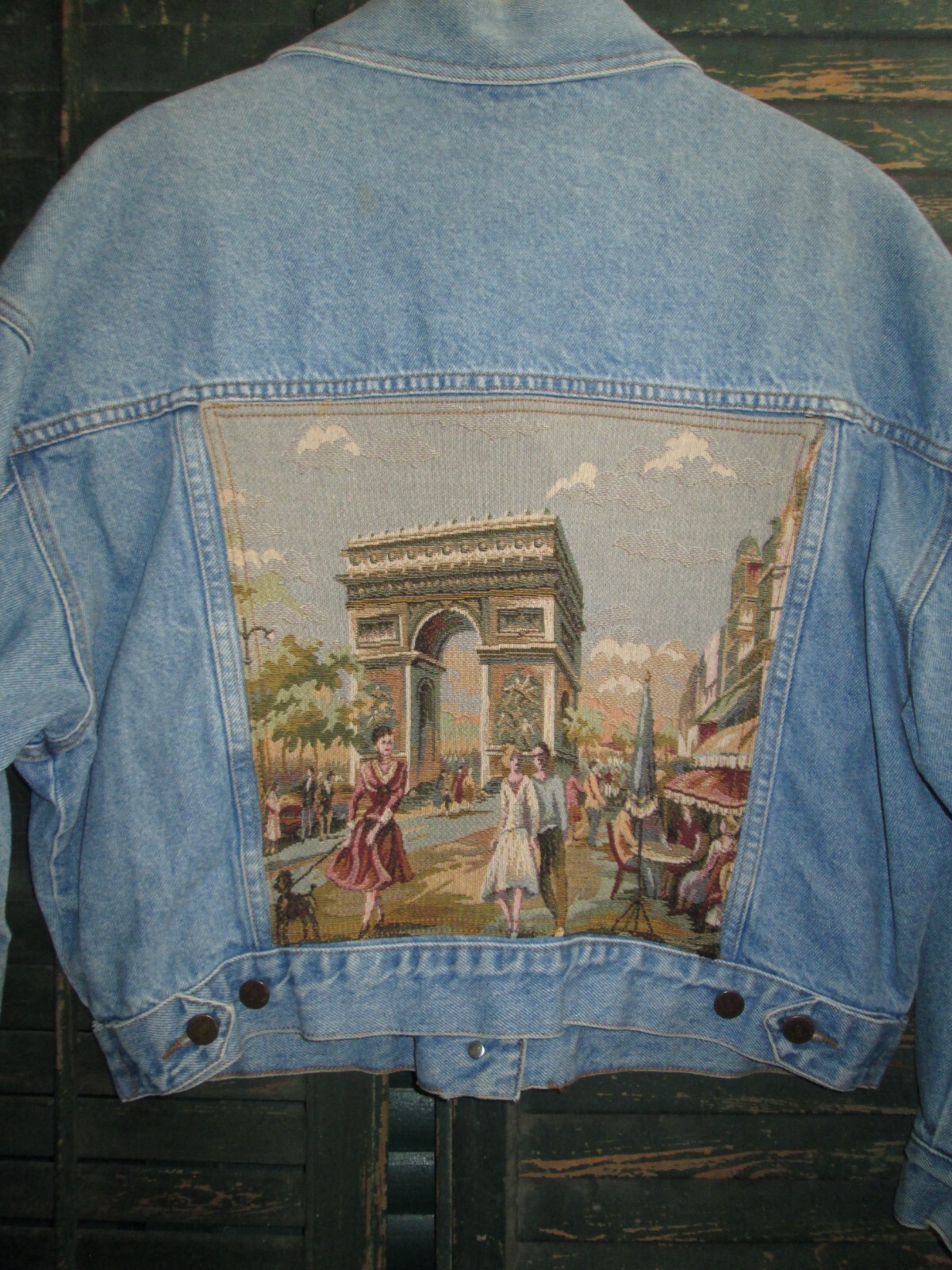 KAREN KANE Vtg 90s Arc de Triomphe Tapestry Custom Denim Jean Jacket LADIES USA