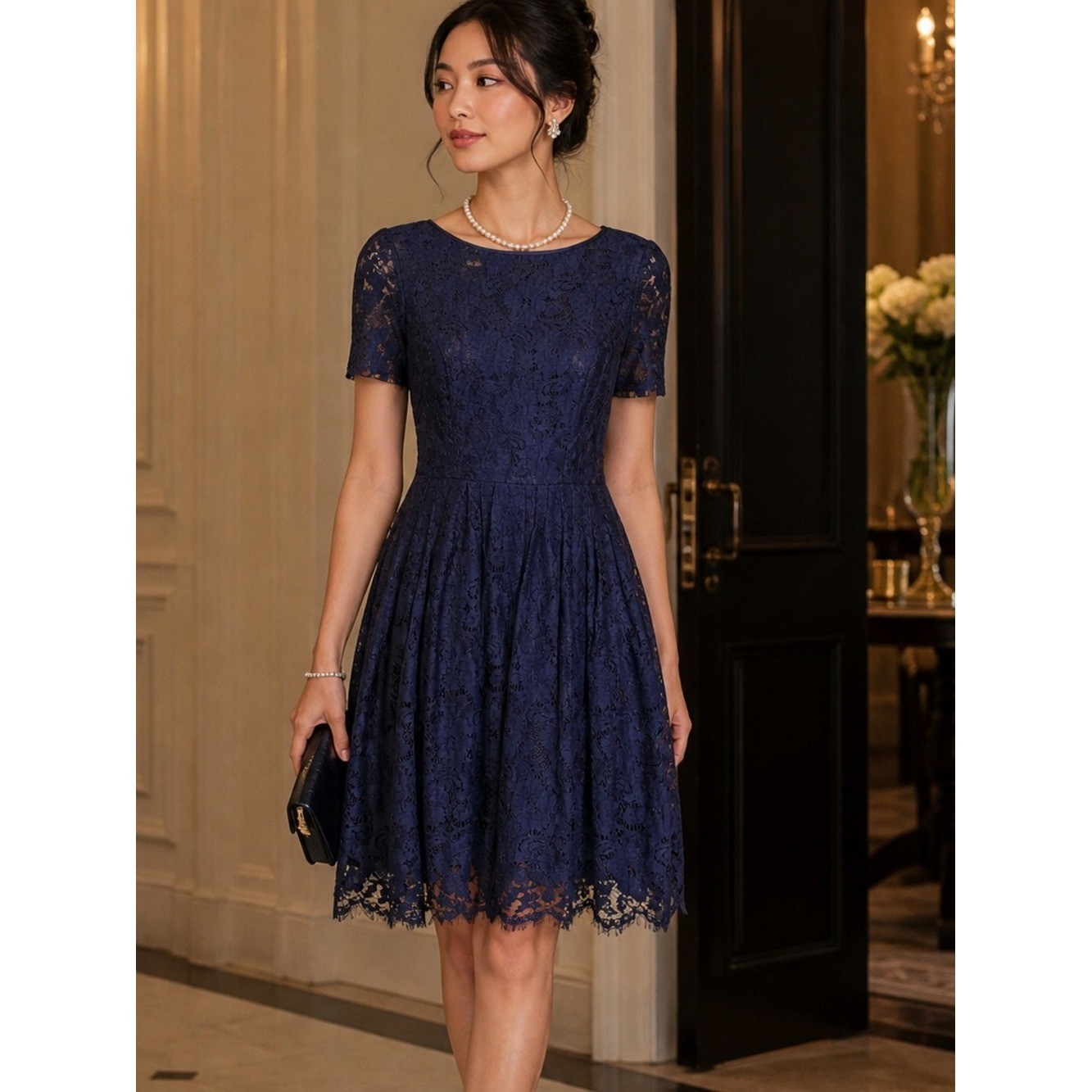 Vintage Nipon Boutique Lace Fit & Flare Dress | Navy Blue | Romantic | Size 4