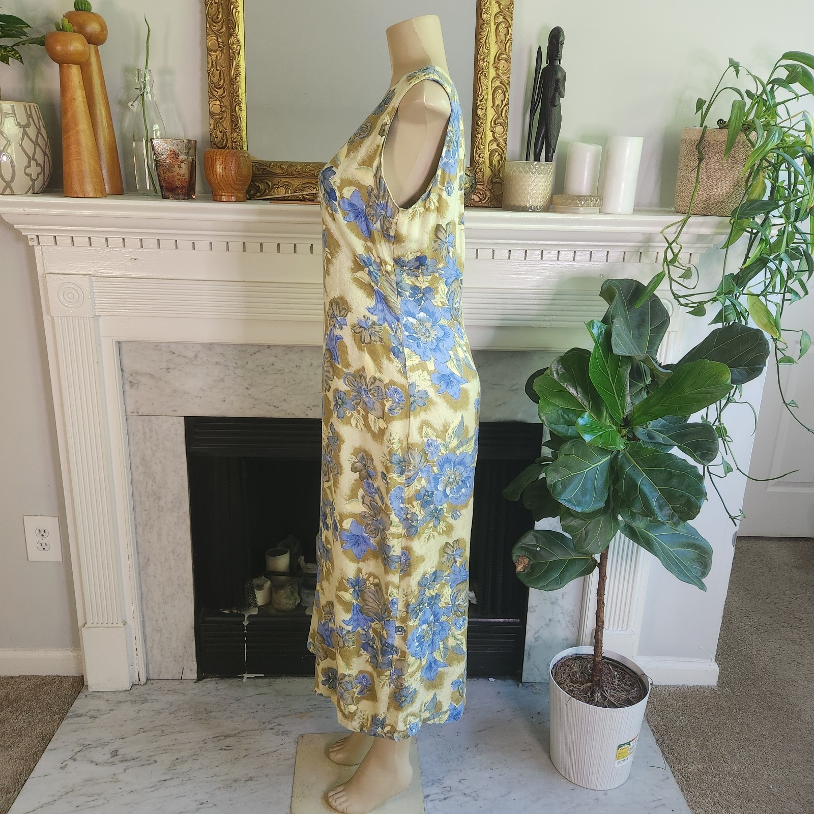 Vintage 90s Green Floral Maxi Dress Blue Cottagecore Grannycore Size 12