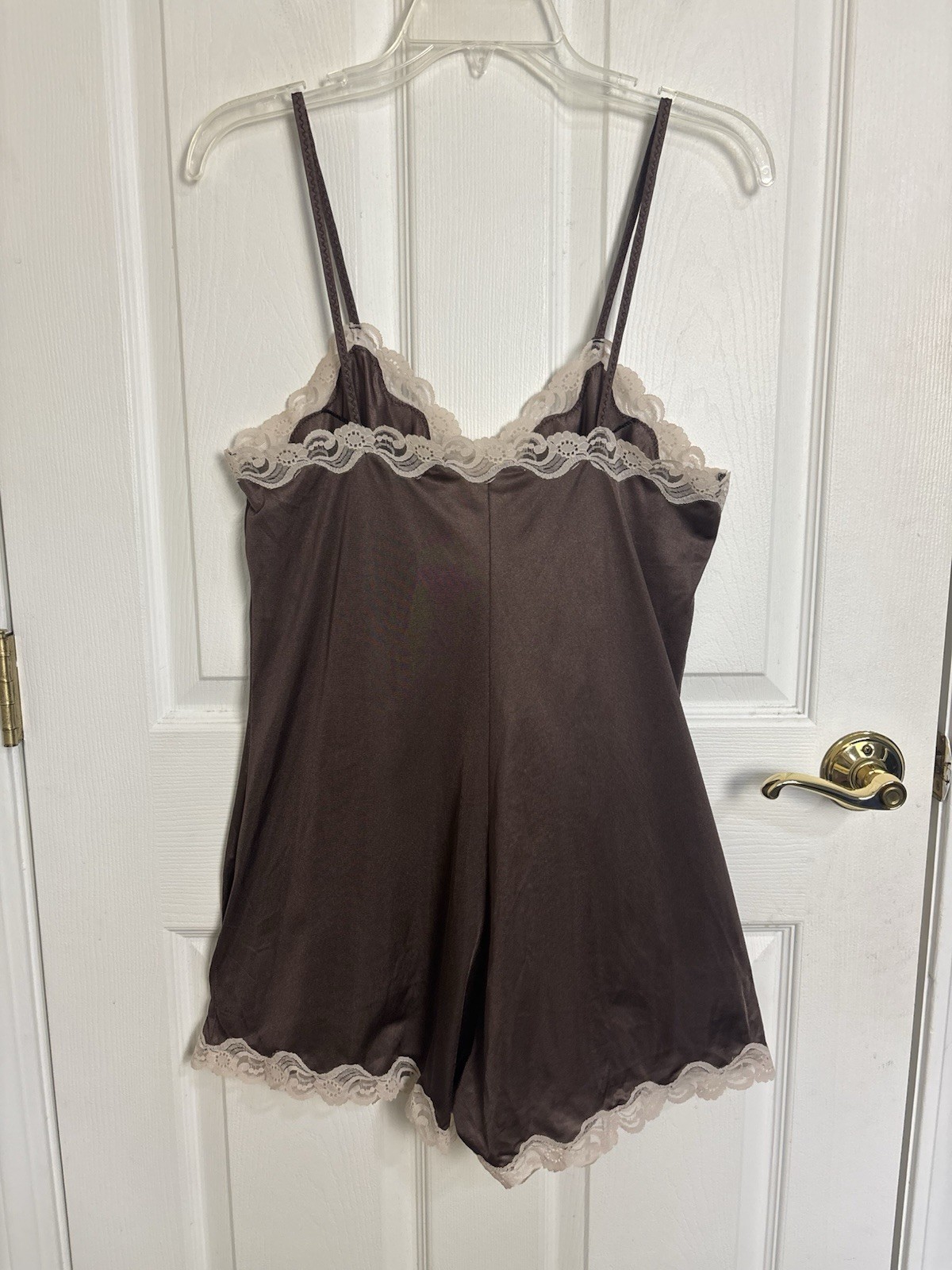 Vtg 70s 80s Chocolate Brown Lace Trim Teddy Romper Lingerie 38 Nylon USA