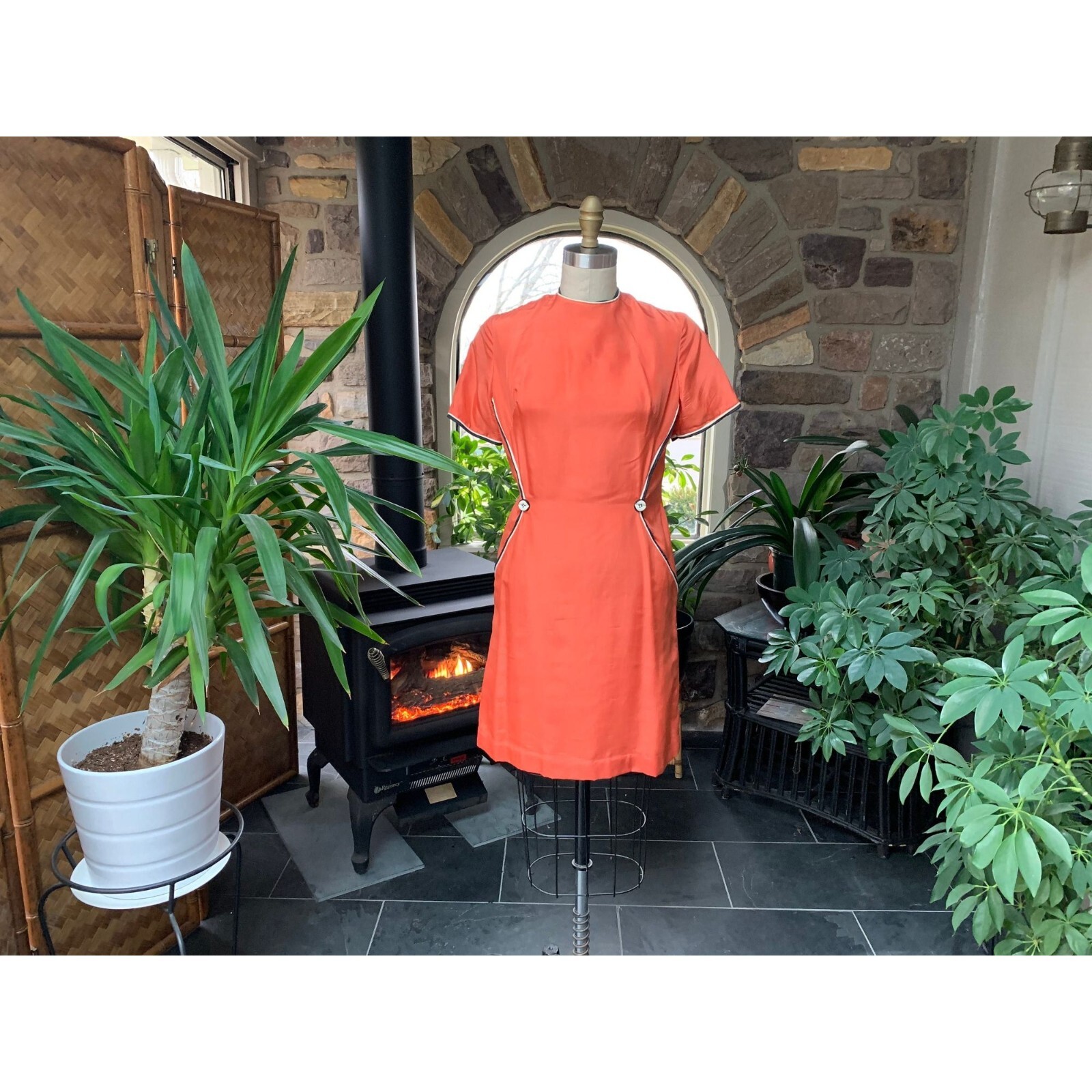 Vintage 1970s Orange Silk Dress Black and Ivory Piping Decorative Buttons