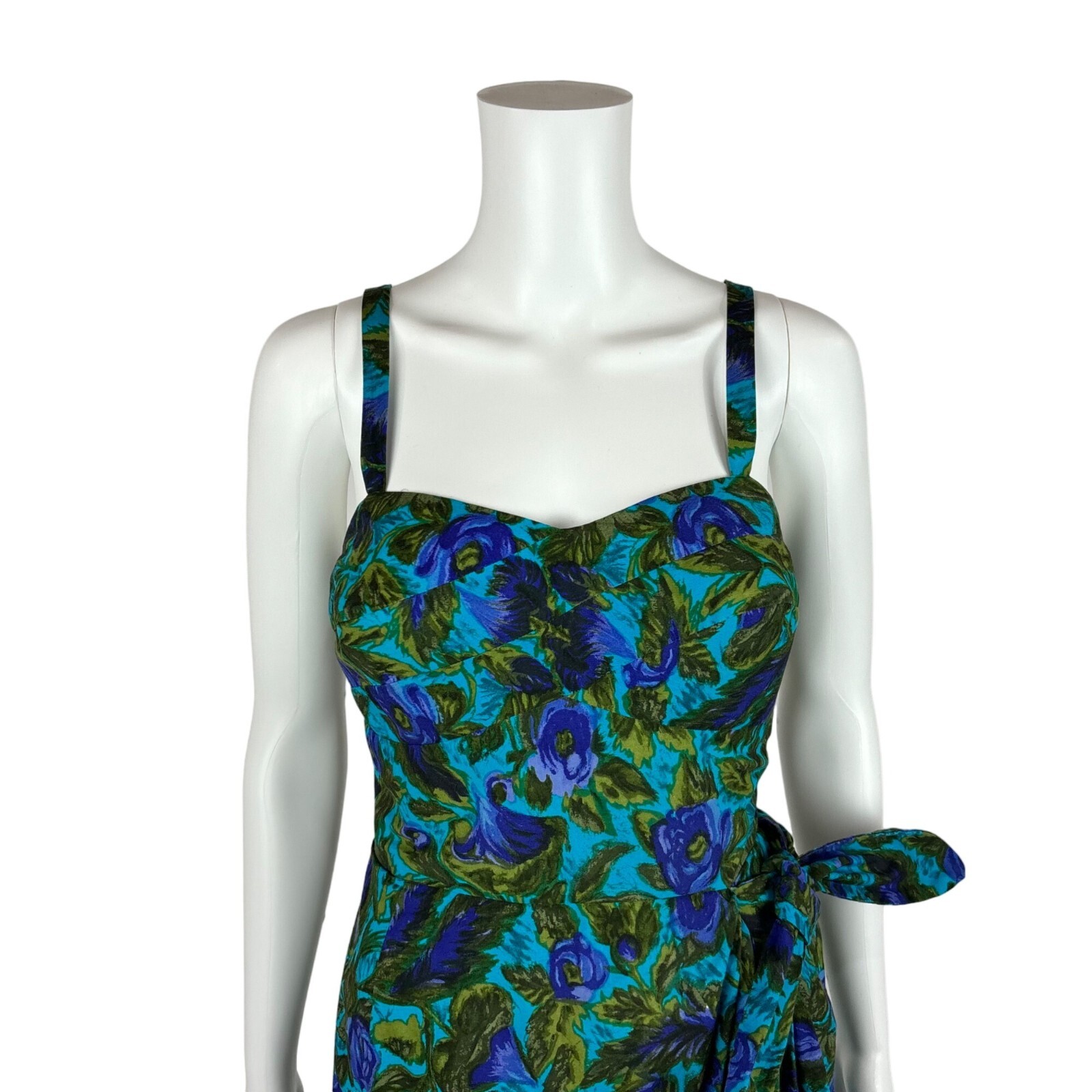 Vintage 1950s Sarong Dress Women’s XS Blue Green Floral Wiggle Hawaiian Tiki