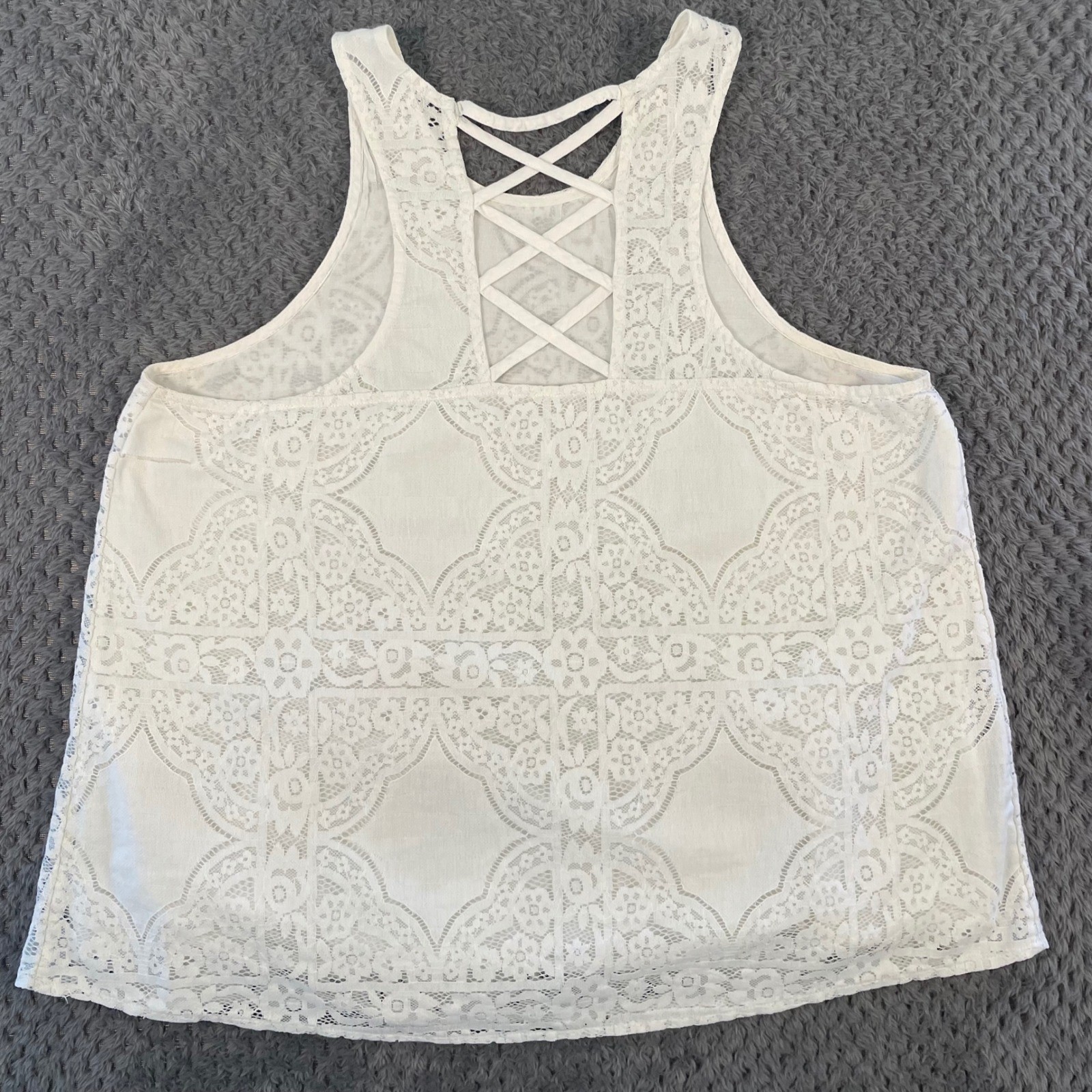 VTG Hollister Women’s Lace Overlay Tank Top Large White Lined Y2K Coquette FLAW
