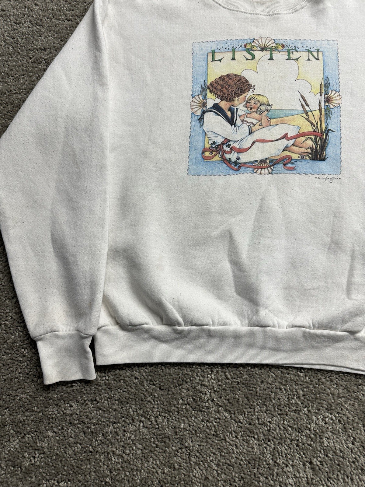 Vintage Jerzees Sweatshirt Womens Large White Mary Engelbreit Listen White XL