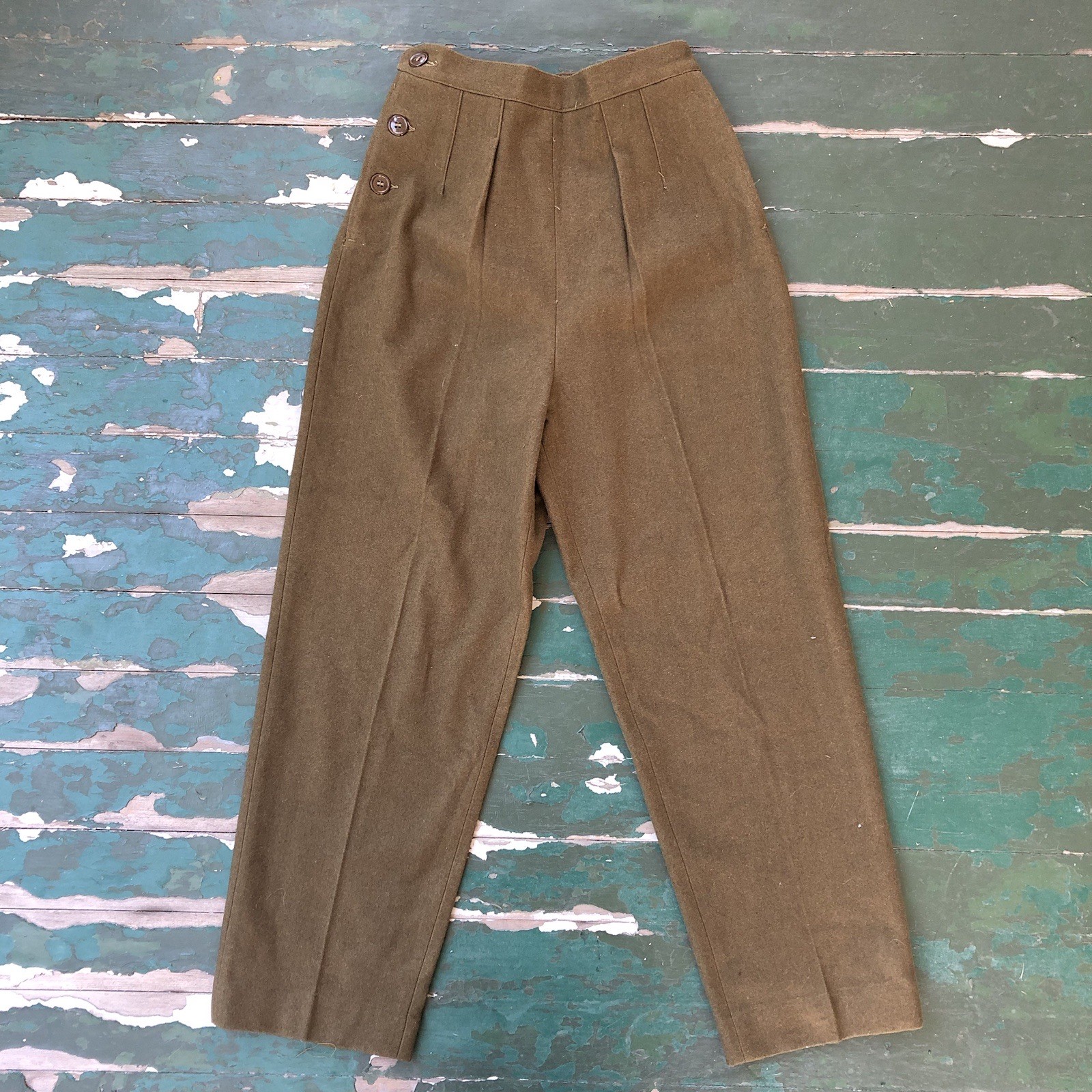 Vintage 1930s Wool Military Trouser Pants For Women In Olive Drab