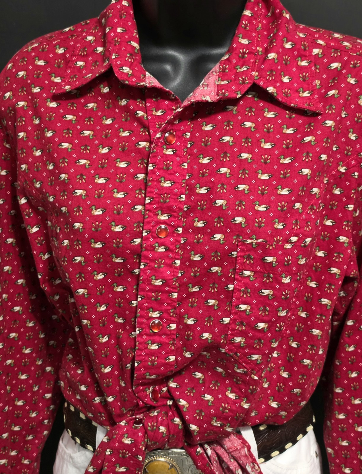 Vintage 70’s 80’s Handmade Duck Print Red Pearl Snap Western Shirt M