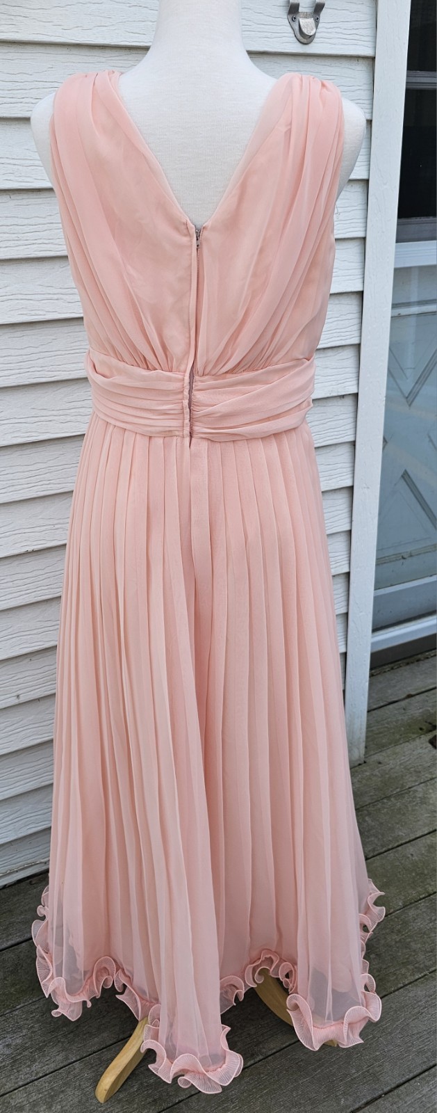 VTG 70s SHEER CHIFFON 2 PIECE PLEATED MAXI DRESS Peach Pink SZ 18 CAPE Grecian