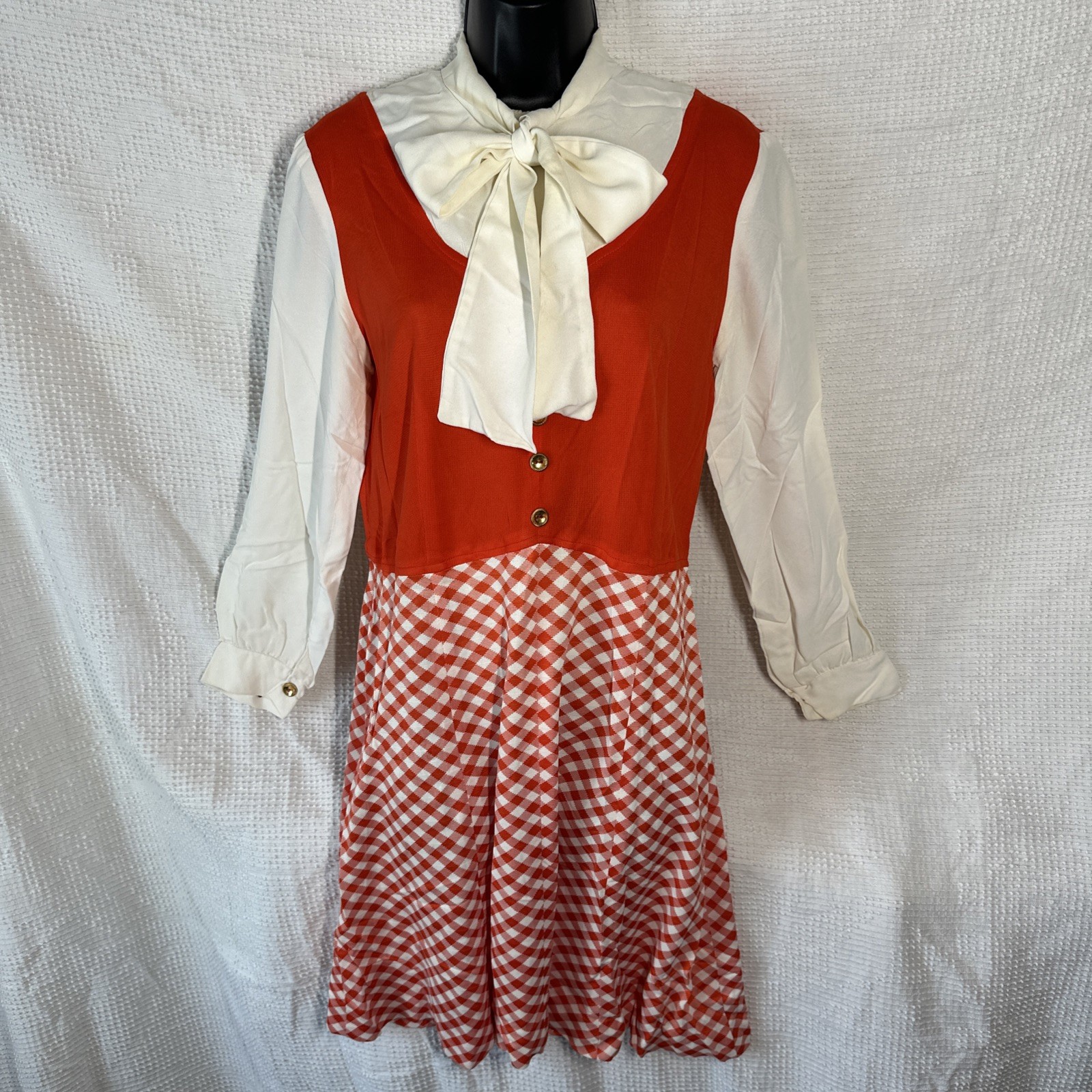 Vintage 1970’s Orange and White Gingham Tie Collar Polyester Knit Dress Size Med