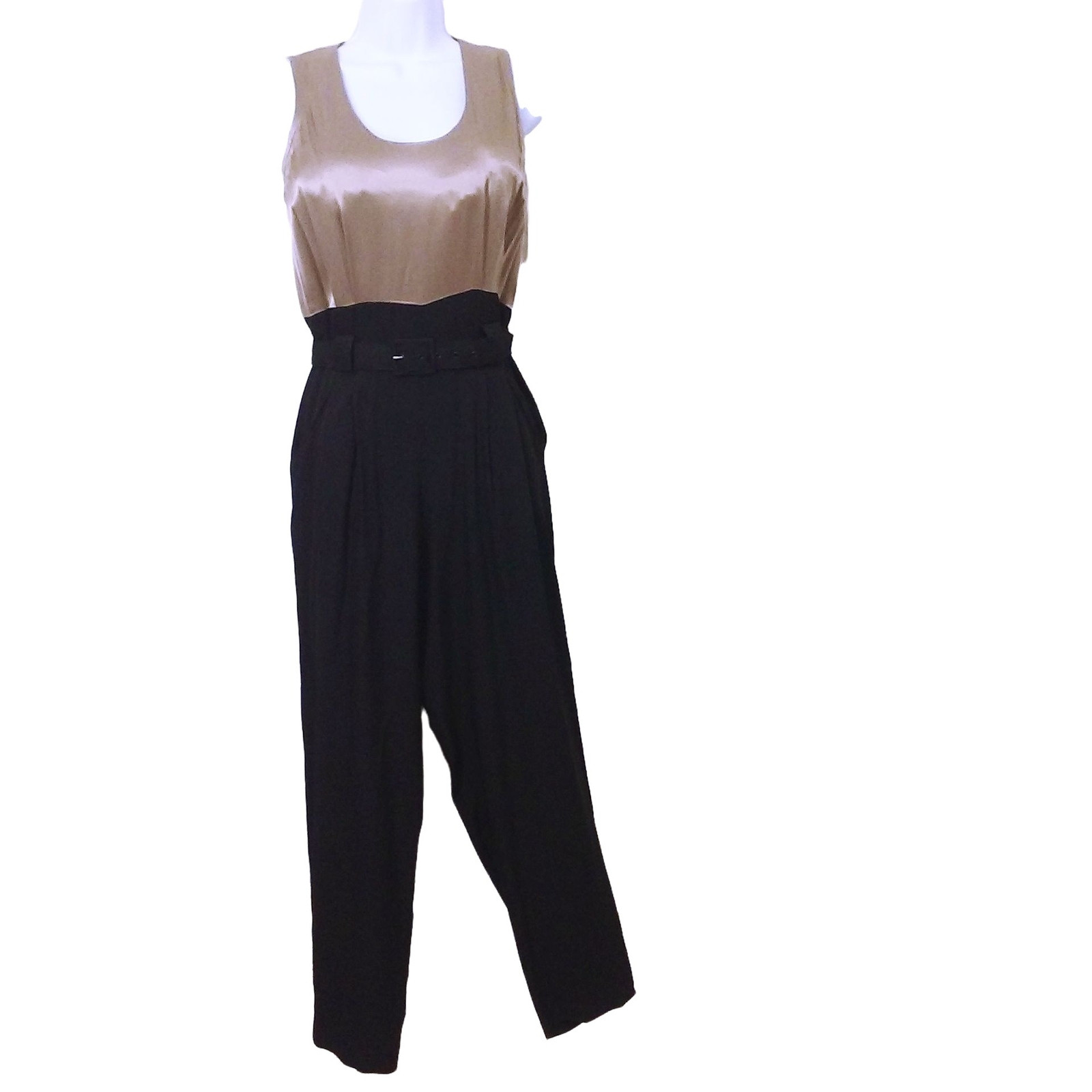 Vintage 90s 2-pc Set JumpSuit Jacket 6/8 Pockets Two-tone Scroll Champagne Black