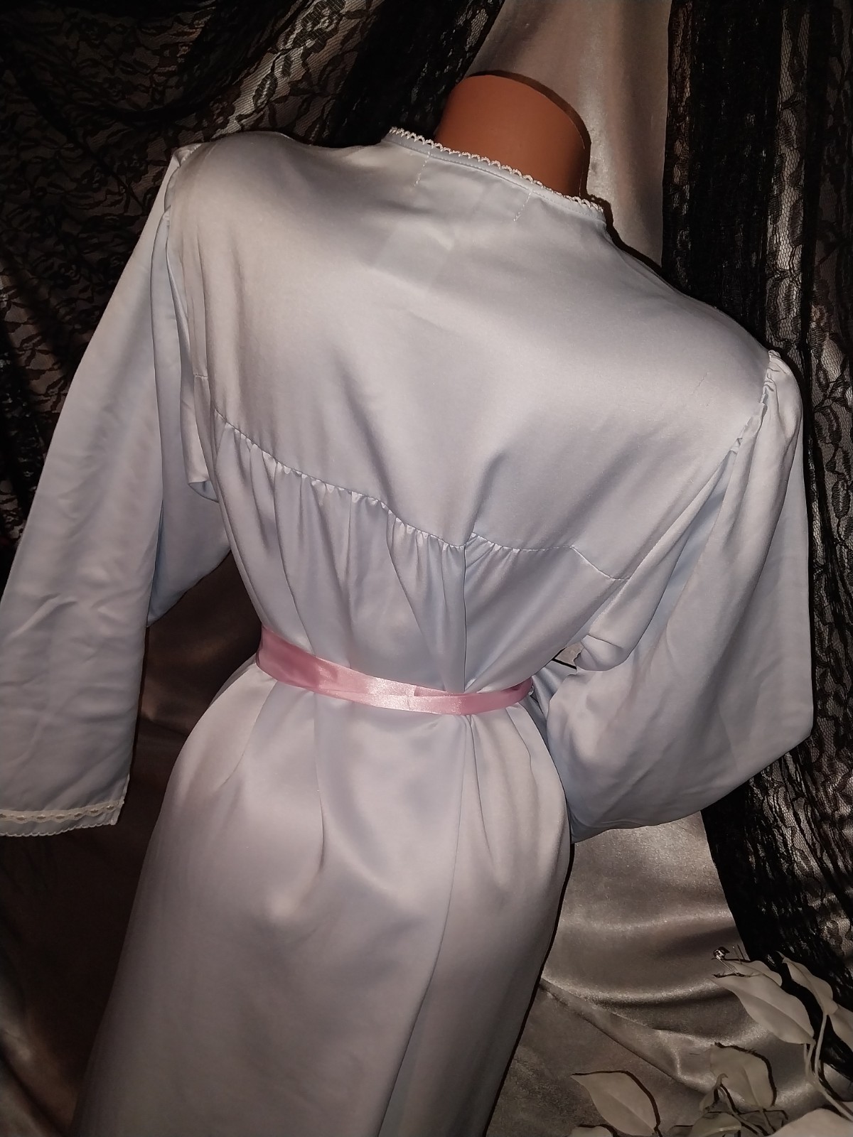 VTG SATIN shiny miss elaine baby blue Anastasia Poets Pullover Robe Nightgown M
