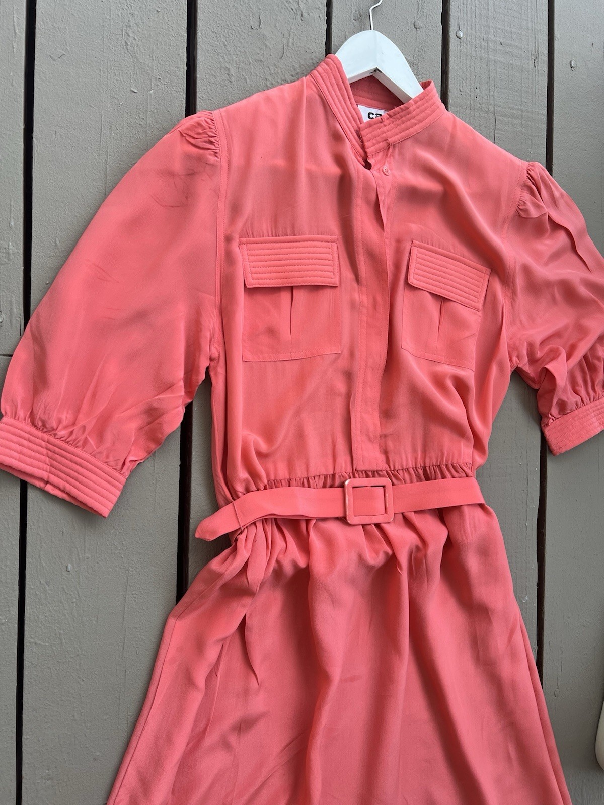 Vintage CASI Peach Orange Front Pockets Belted 100% Silk Women’s Dress Sz 10