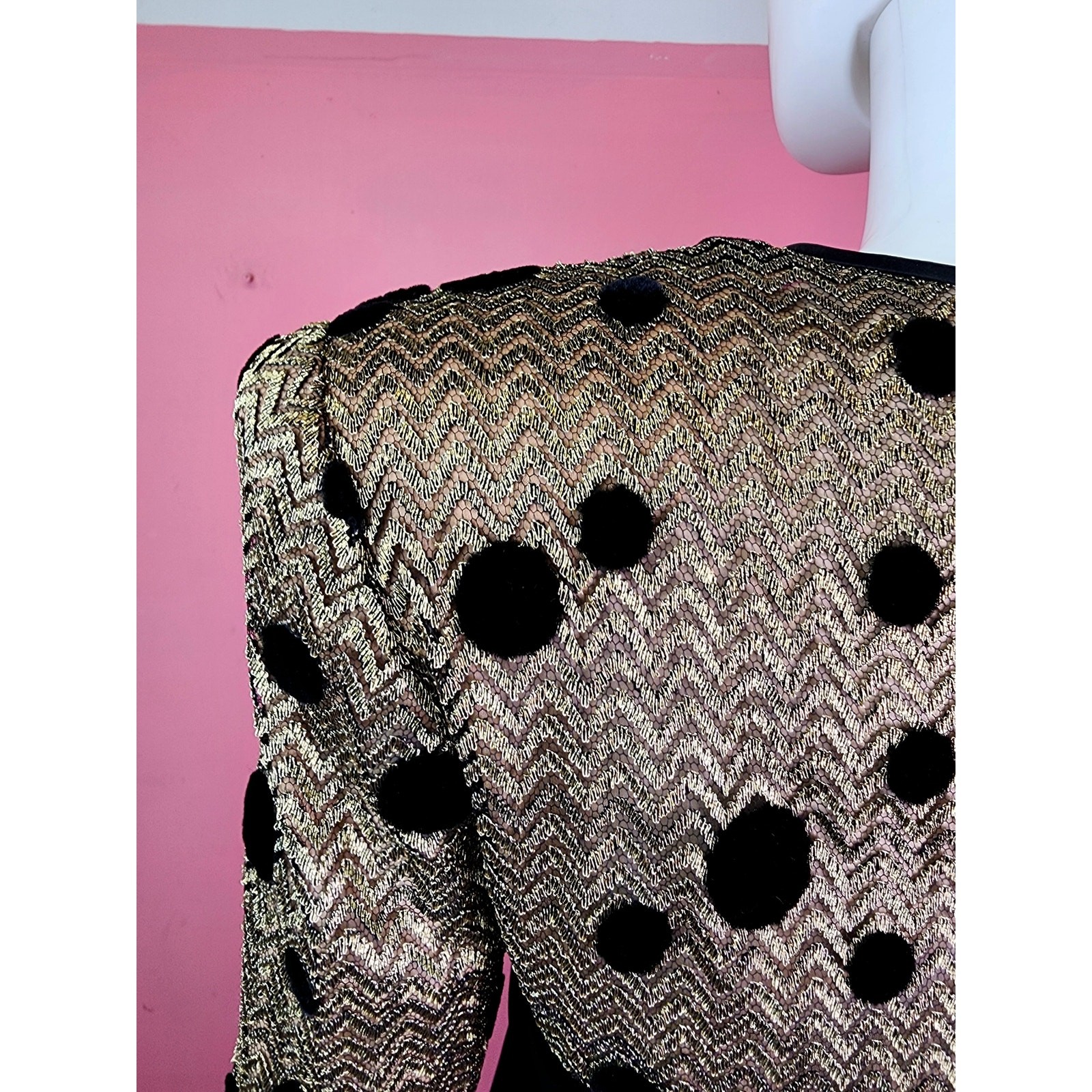 Vintage 1980’s Black Velvet Metallic Gold Polka Dot Long Sleeve Cocktail Dress