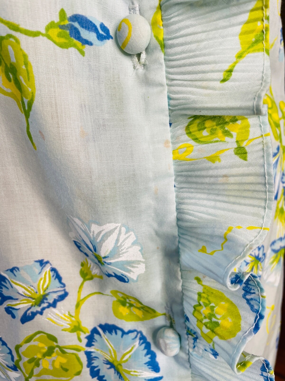 VTG 60’S MOD LORI TILL BLUE GREEN YELLOW FLORAL RUFFLE MAXI HOUSE DRESS ROBE*S/M