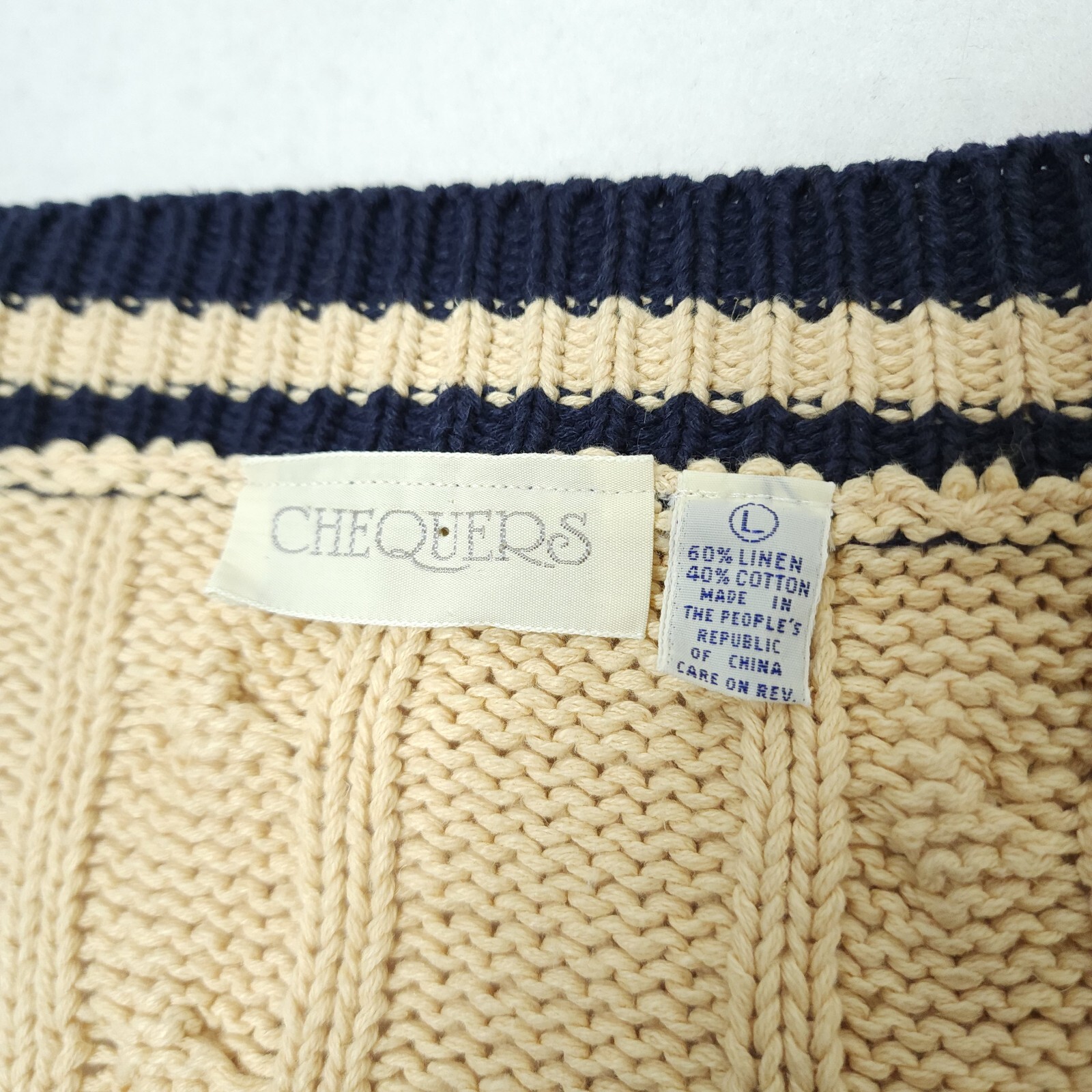 Vintage Chequers Fisherman Cable Knit Cardigan Womens Large Linen Blend Sweater