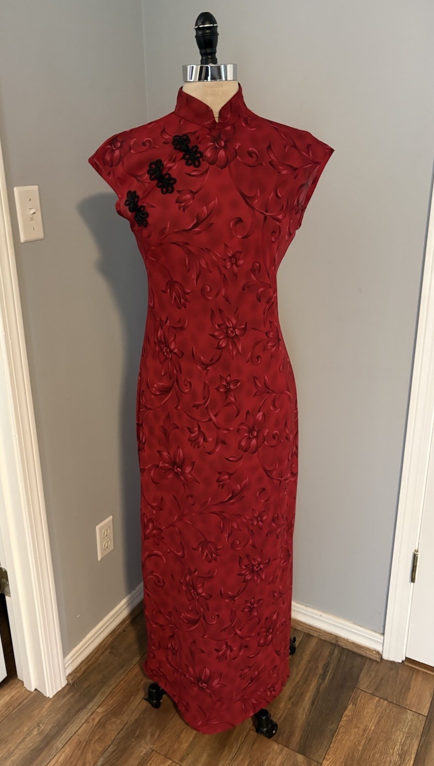 Vintage 90s Sheer Filigree Print Cheongsam Maxi Dress Tang Frog Knots Goth Boho